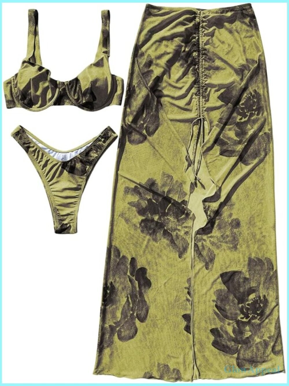 3 Piece Bikini Set Push Up Cheeky Floral Bathing Suit with Cover Up Skirt Size L